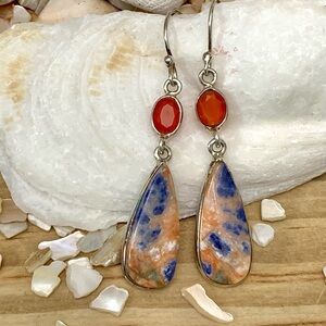 Natural Sodalite & Carnelian Stone Sterling Silver Earrings